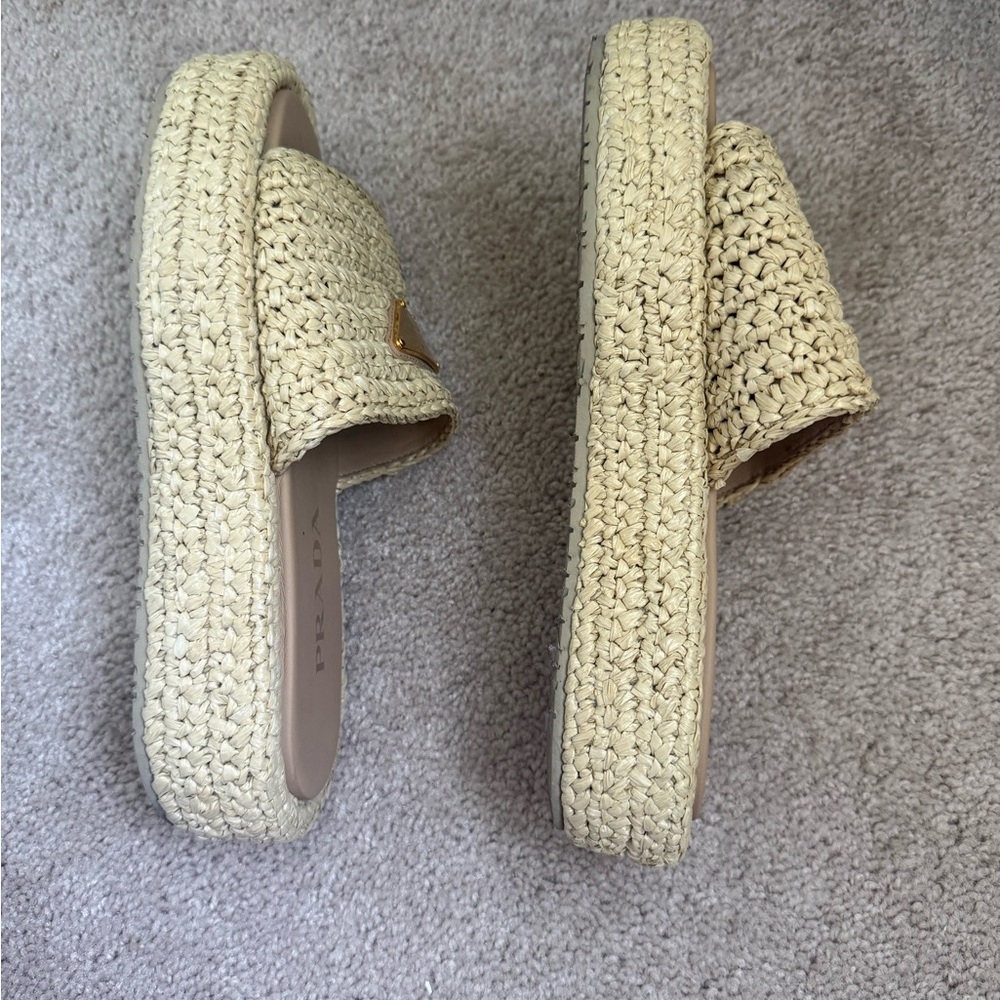 PRADA Beige Raffia Slide Platform Sandals - Picture 4 of 4